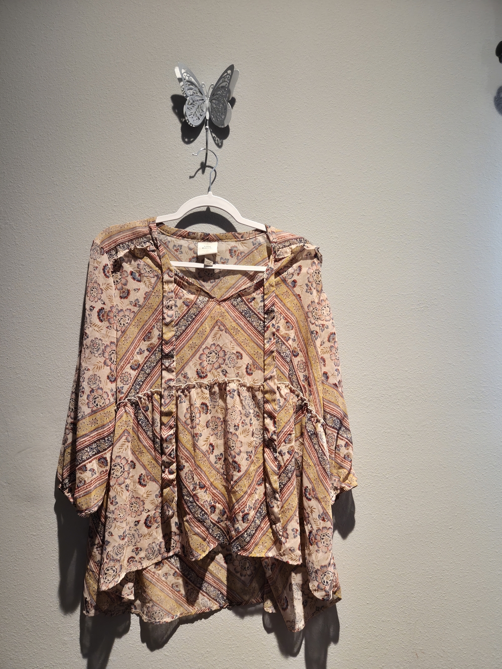 Knox Rose Beige Multi Boho Floral Tiered Blouse